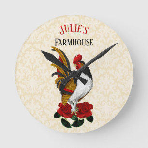 Horloge Ronde Coq de Ferme de Campagne Française Rouge Noir Or