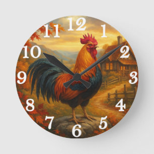 Horloge Ronde Coq vibrant dans une cour de ferme rustique