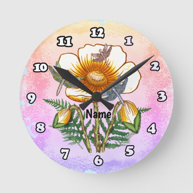 Horloge Ronde Coquelicot jaune libellule (Recto)