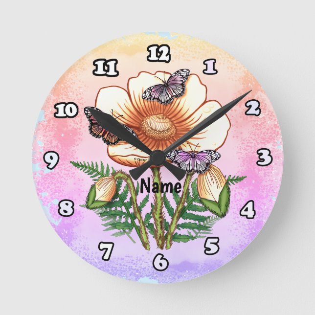 Horloge Ronde Coquelicot jaune papillon  (Recto)