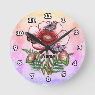 Horloge Ronde Coquelicot Papillon Rouge