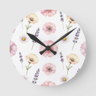 Horloge Ronde Coquelicot rose lavande marguerite aquarelle flora