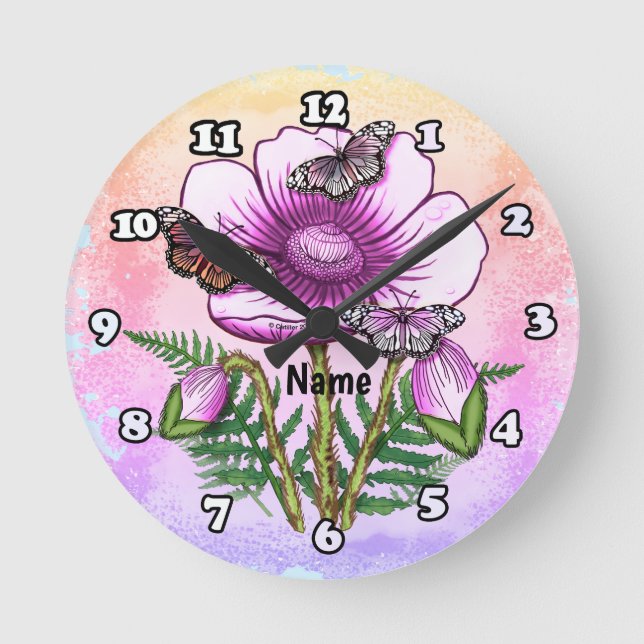 Horloge Ronde Coquelicot Rose Papillon  (Recto)