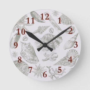 Horloge Ronde Coquillage Esquisse Antique Nature Gris Sauge Doux