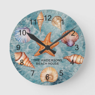 Horloge Ronde Coquillages de mer côtière moderne Trésor Océan Su
