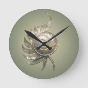 Horloge Ronde Coquille de fougère en spirale argentée Art Nouvea