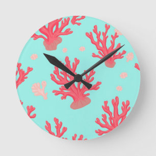 Horloge Ronde Corail brillant sarcelle océan simple nautique été