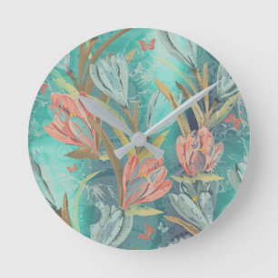 Horloge Ronde Coral Aquatic Teal Floral Coffe