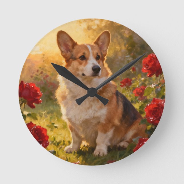 Horloge Ronde Corgi dans les Roses III (Recto)