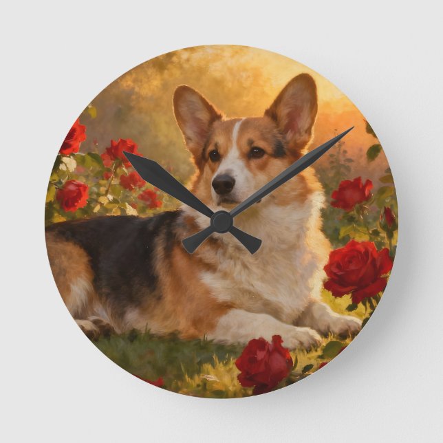Horloge Ronde Corgi dans les Roses VI (Recto)