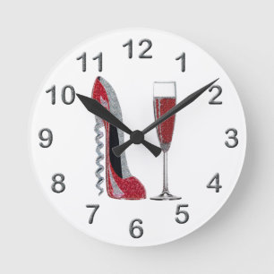 Horloge Ronde Corkscrew Red Stiletto and Red Wine Art