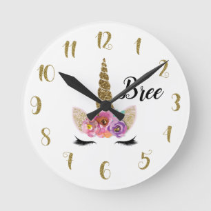 Horloge Ronde Corne de Licorne Or Paillettes Floral Fantaisie Su