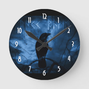 Horloge Ronde Corneille noire avec runes style gothique foncé