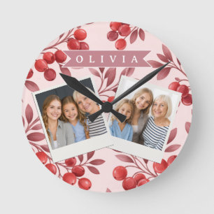 Horloge Ronde Cottage Botanique Personnalisé aux Baies Rouges d'
