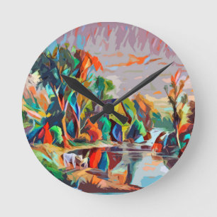 Horloge Ronde Cottage Vaches Pond Paysage Art Abstrait