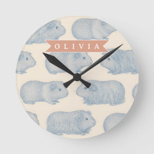 Horloge Ronde Cottagecore personnalisé pour cochon d'Inde bleu v