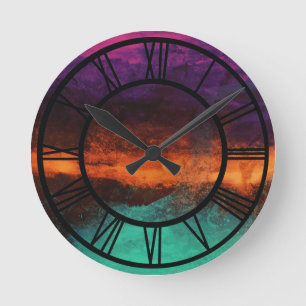Horloge Ronde Coucher de soleil abstrait sur un paysage aquatiqu