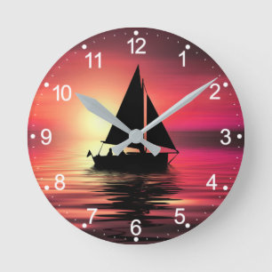 Horloge Ronde Coucher de soleil, Bateau à voile dans la mer-3918