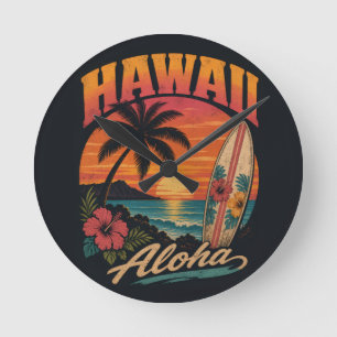 Horloge Ronde Coucher de soleil hawaïen vintage Palms Planche de