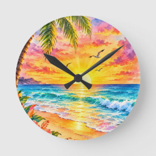 Horloge Ronde Coucher de soleil paradis tropical Art de plage à
