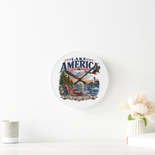 Horloge Ronde Coucher de soleil patriotique aigle américain sur