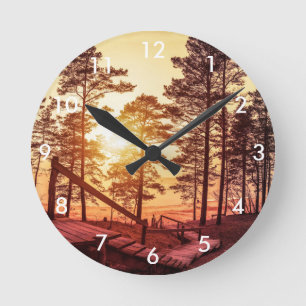 Horloge Ronde Coucher de soleil sur chemin en bois en pin Acryli