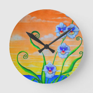 Horloge Ronde Coucher de soleil sur l'orchidée