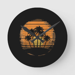 Horloge Ronde Coucher de soleil sur palmier rétro été plage vint