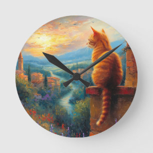 Horloge Ronde Coucher de soleil toscan avec un chat roux
