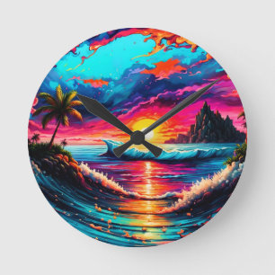 Horloge Ronde Coucher de soleil tropical de l'Imaginaire