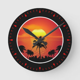 Horloge Ronde Coucher de soleil tropical Palmiers Silhouette Pla