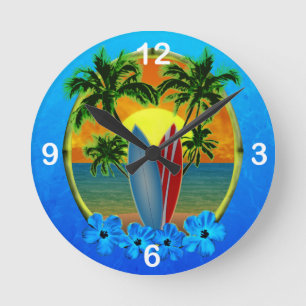 Horloge Ronde Coucher du soleil et planches de surf