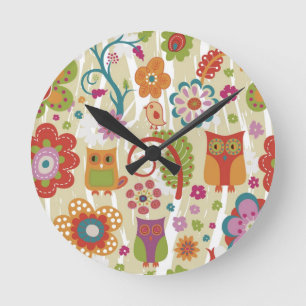 Horloge Ronde Couleur florale et hibou