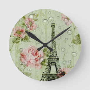 Horloge Ronde country chic mink pink floral paris eiffel tower