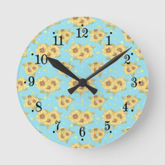 Horloge Ronde Country Powder Blue Yellow Sunflowers Wall Clock