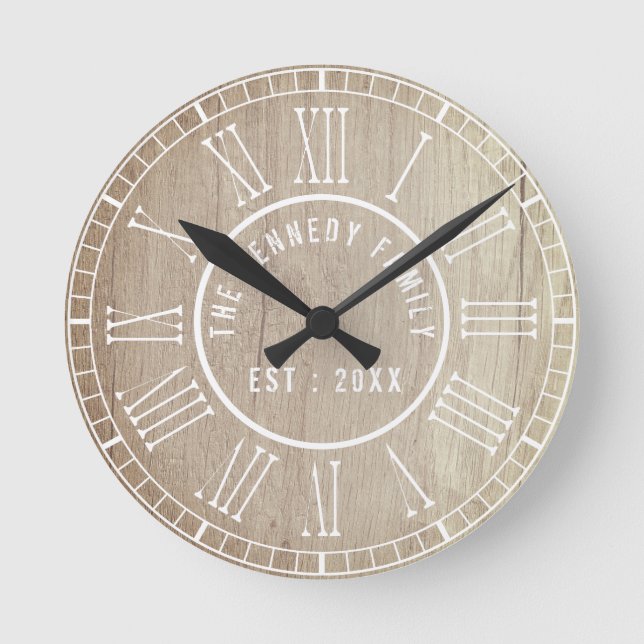 Horloge Ronde Country Wood White Roman Numéros Nom de famille (Recto)