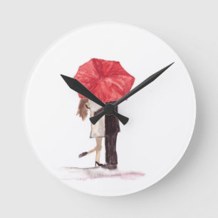 Horloge Ronde Couple amoureux sous parapluie rouge