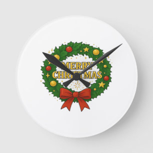 Horloge Ronde Couronne de Noël dorée – Vert Rouge Or Festif H