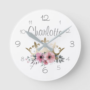 Horloge Ronde Couronne de princesse dorée Fleurs aquarelles rose