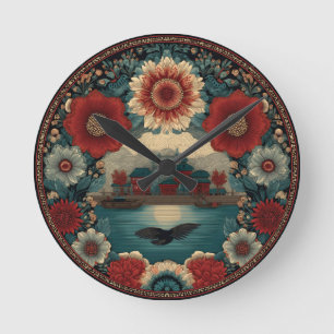 Horloge Ronde Couronne florale ornée encadrant la traditionnelle