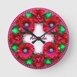 Horloge Ronde Couronne florale ronde avec des bijoux rouges et v