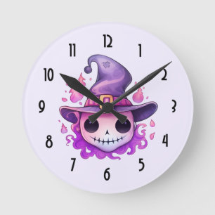 Horloge Ronde Crâne dans un chapeau de sorcière Fantaisiste