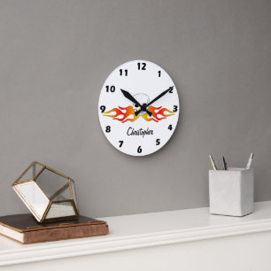 Horloge Ronde Crâne d'art fantastique et conception de flammes p