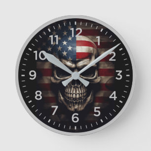Horloge Ronde Crâne de drapeau américain