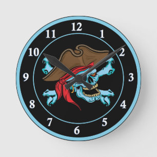 Horloge Ronde Crâne de pirate et os croisés