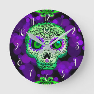 Horloge Ronde Crâne de sucre lumineux vert et violet Halloween