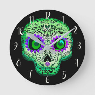 Horloge Ronde Crâne de sucre noir illuminé vert et violet pour H