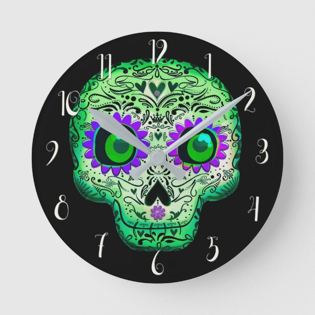 Horloge Ronde Crâne de sucre vert et violet brillant Halloween n (Recto)