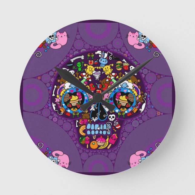 Horloge Ronde Crâne en art sucré kawaii doodle personnalisé (Recto)