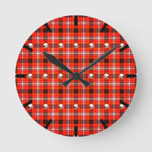 Horloge Ronde Crâne et os croisés Plaque rouge et noire